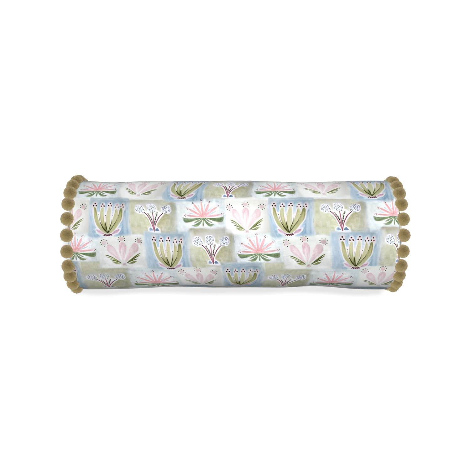 Bolster harper custom hand-painted floralpillow with olive pom pom on white background