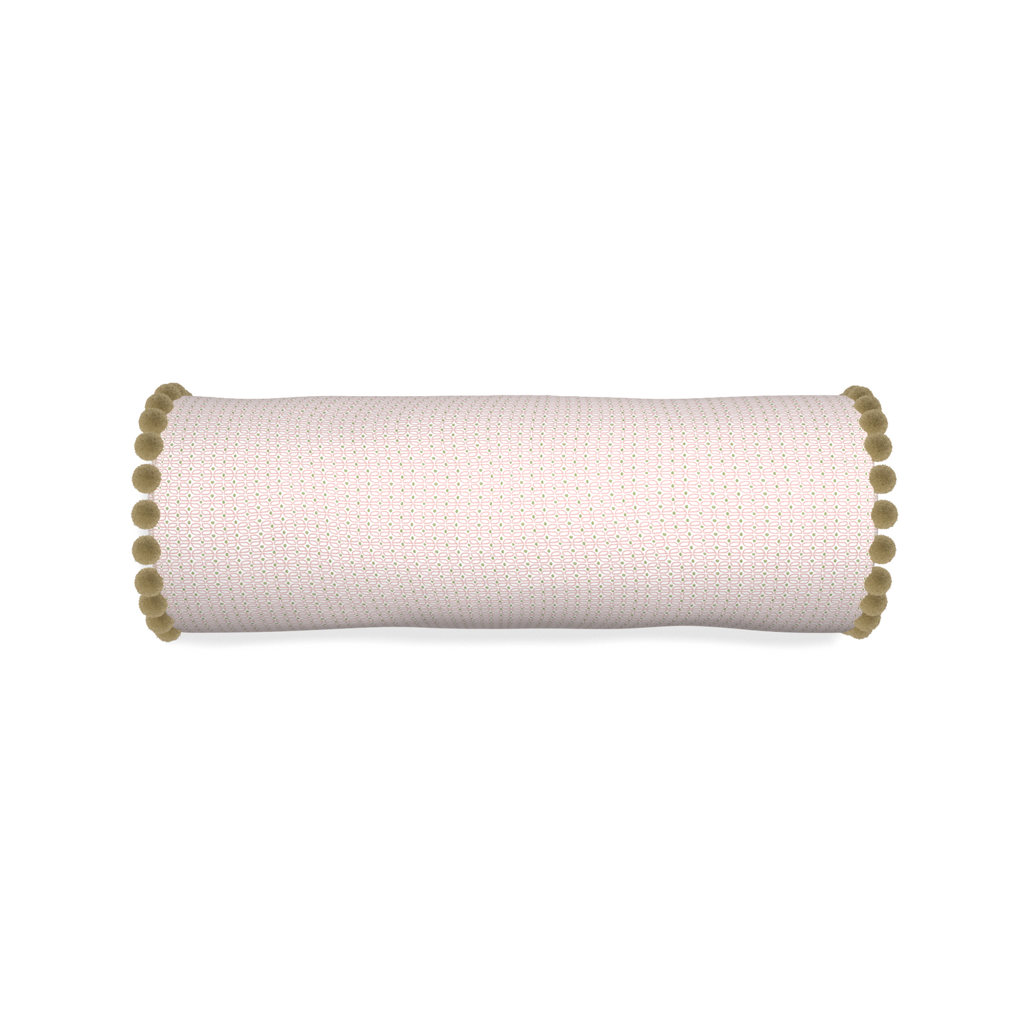 Bolster loomi pink custom pink geometricpillow with olive pom pom on white background
