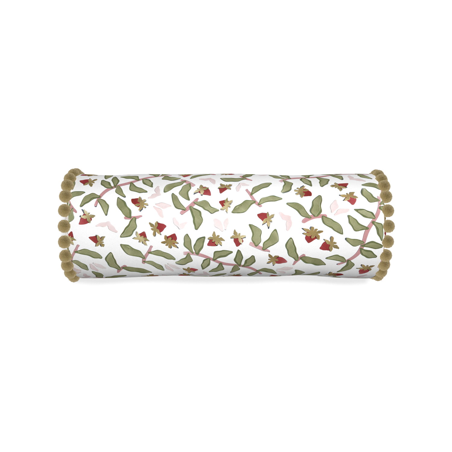 Bolster nellie custom strawberry & botanicalpillow with olive pom pom on white background
