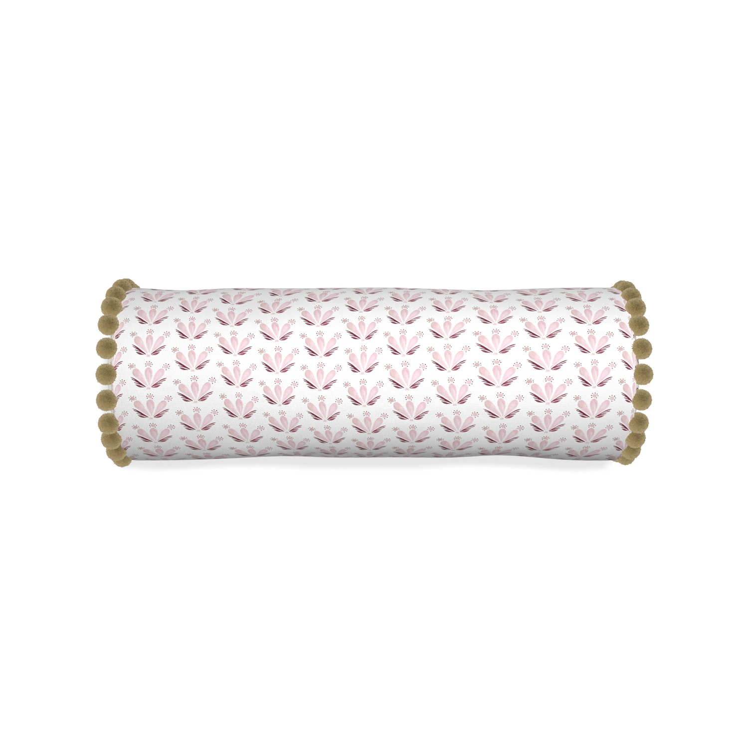 Bolster serena pink custom pink & burgundy drop repeat floralpillow with olive pom pom on white background