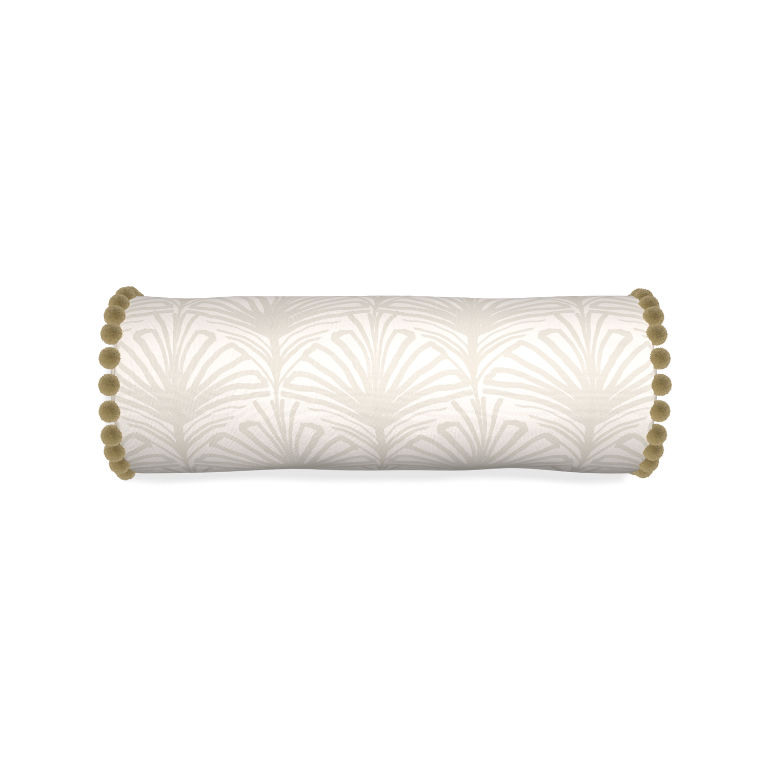 Bolster suzy sand custom beige palmpillow with olive pom pom on white background