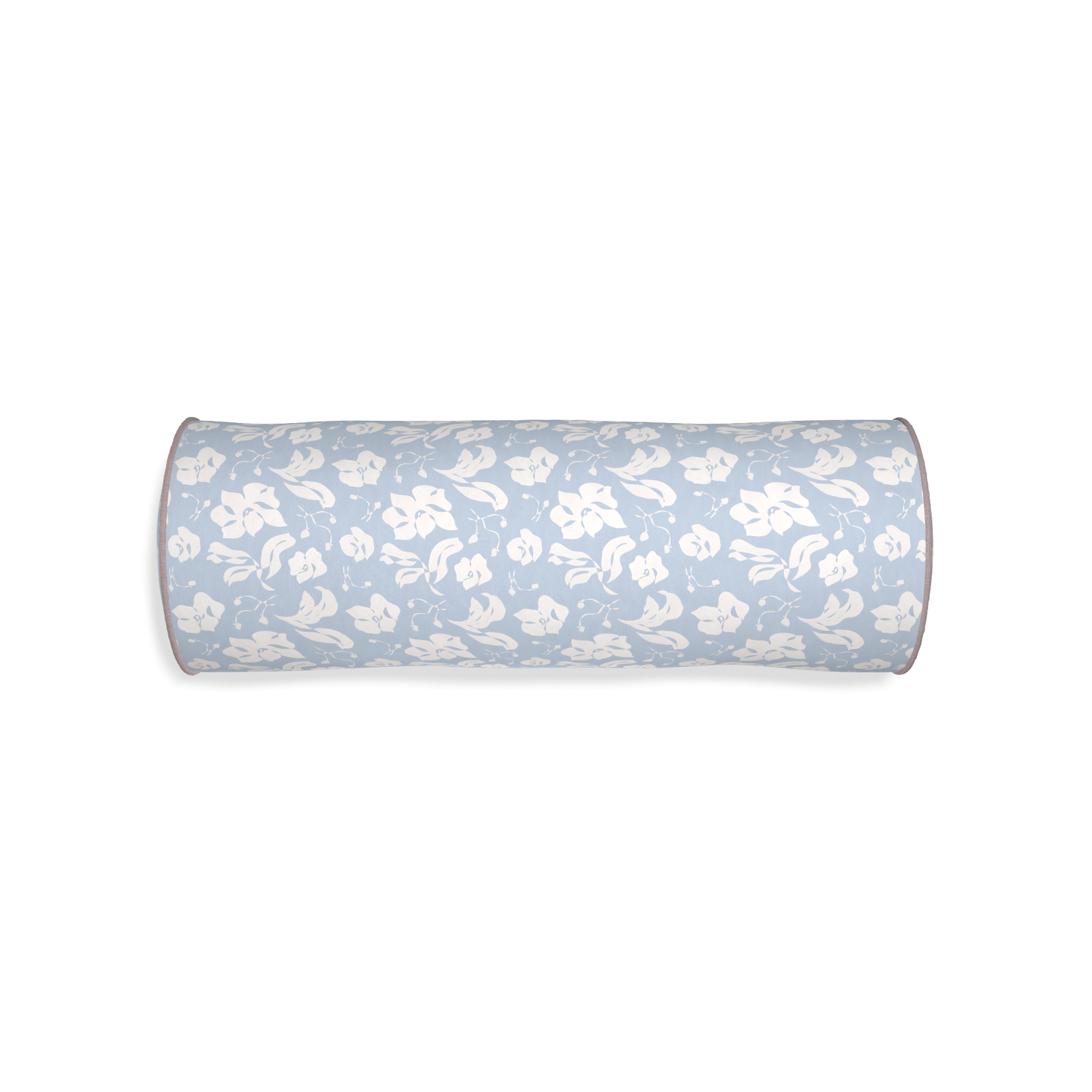 Bolster georgia custom cornflower blue floralpillow with orchid piping on white background