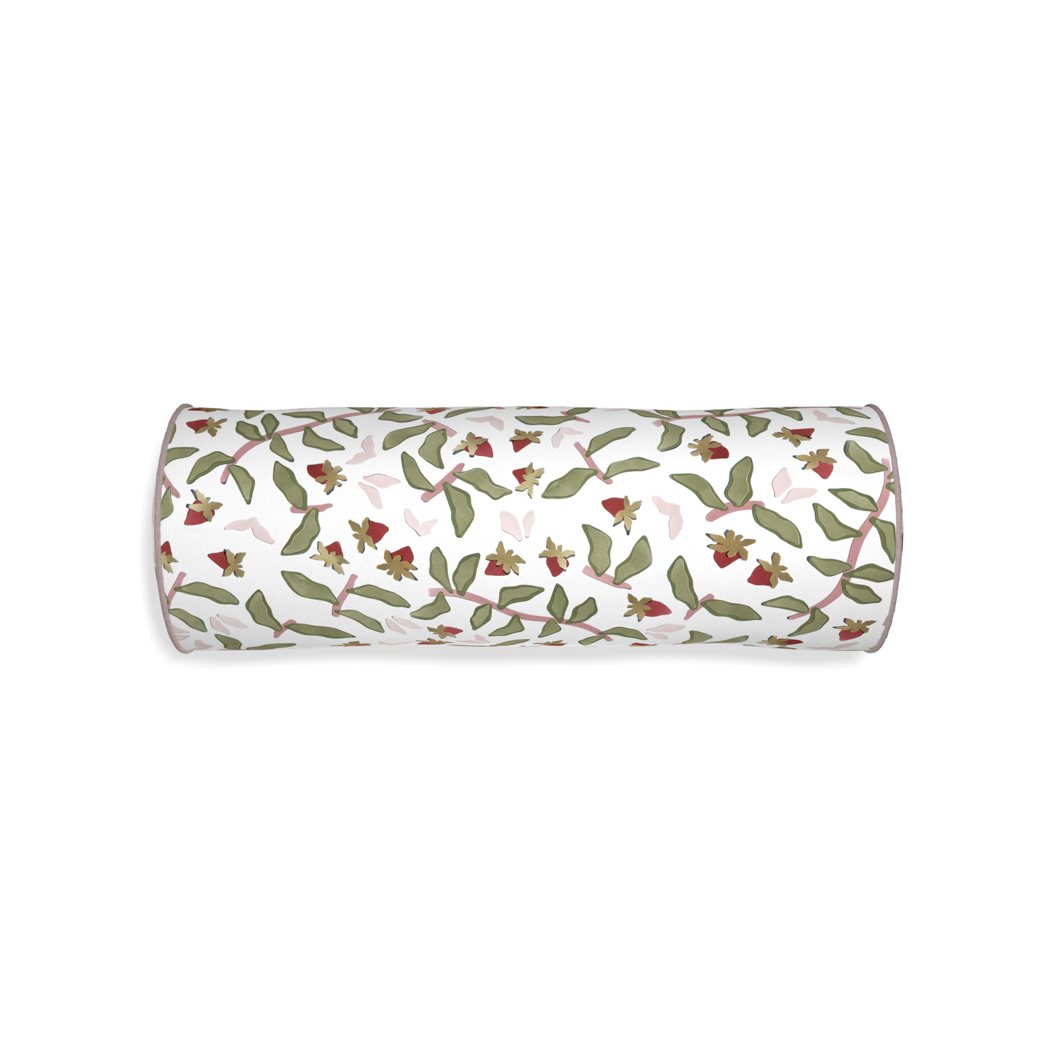 Bolster nellie custom strawberry & botanicalpillow with orchid piping on white background