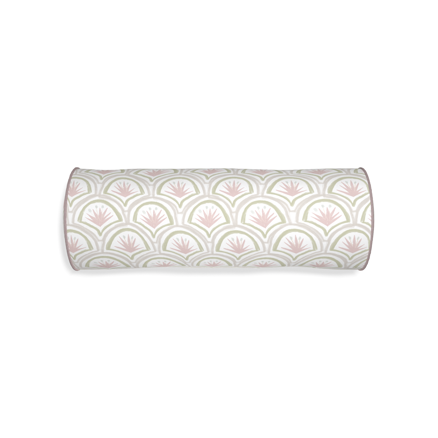 Bolster thatcher rose custom pink & green palmpillow with orchid piping on white background