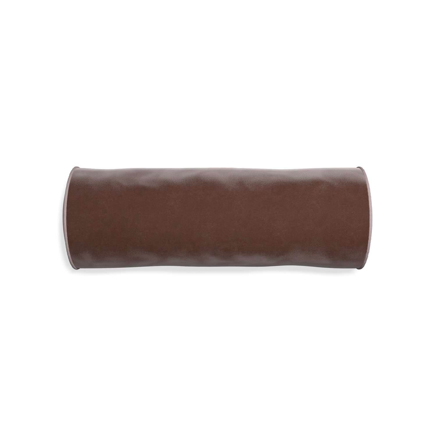 Bolster walnut velvet custom brownpillow with orchid piping on white background