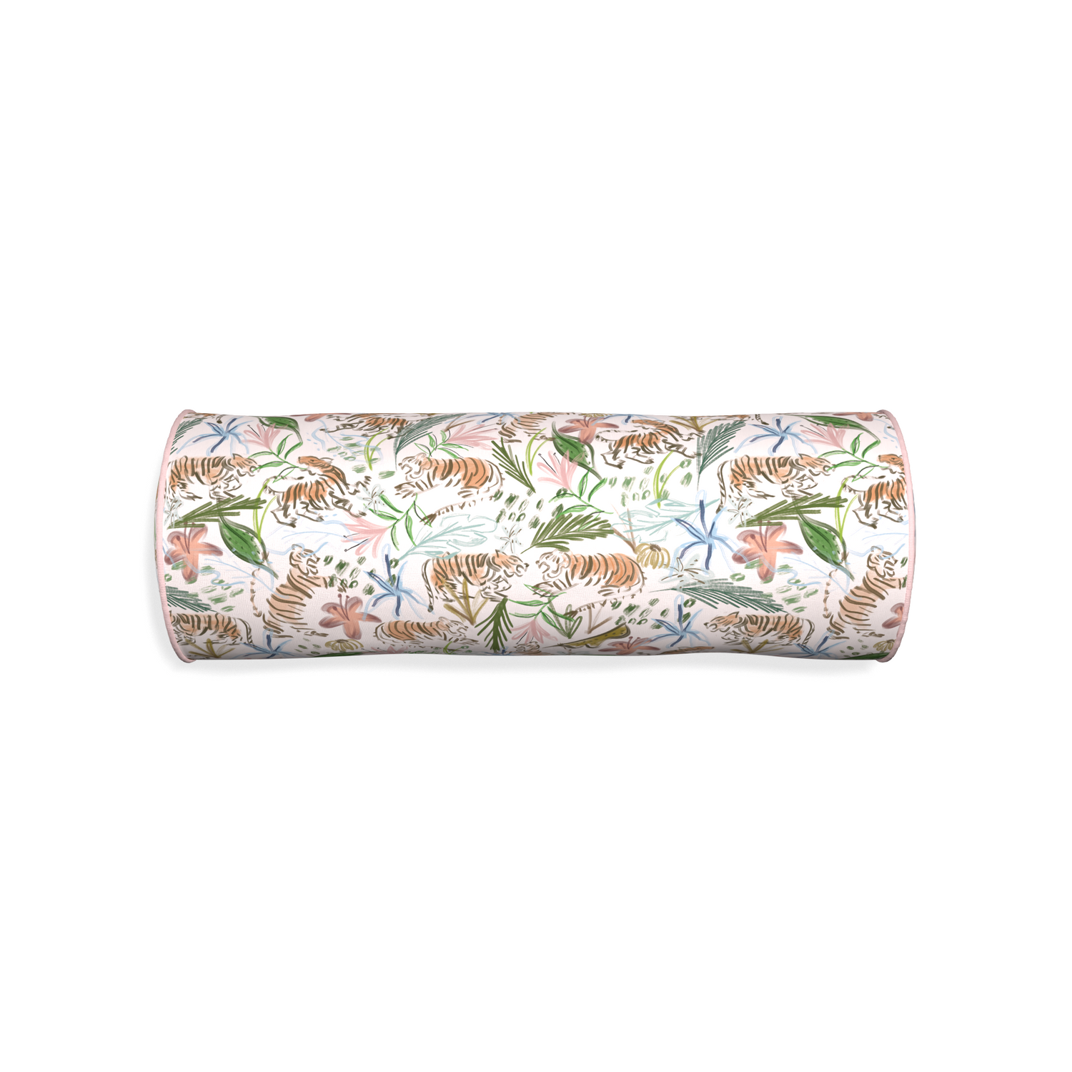 Bolster frida pink custom pink chinoiserie tigerpillow with petal piping on white background