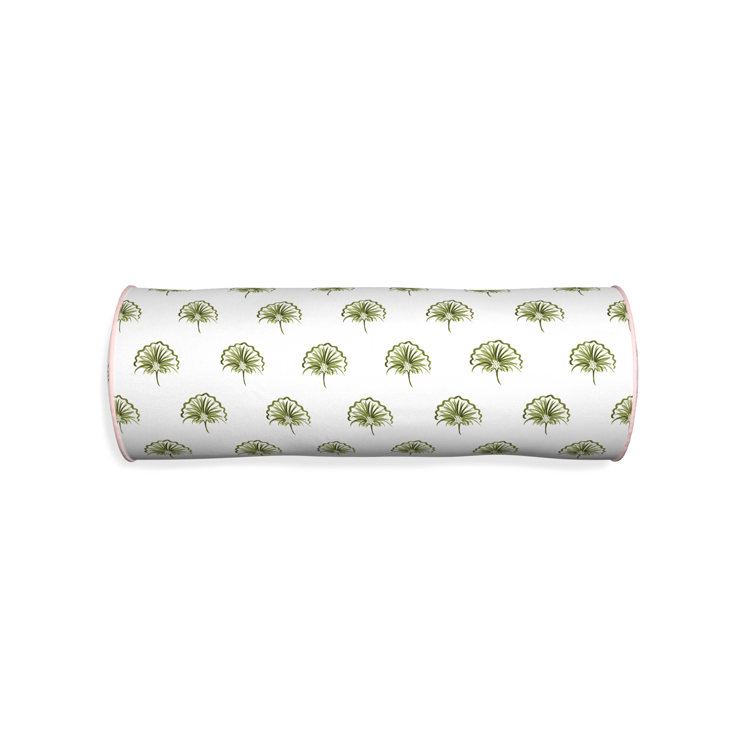 Bolster penelope moss custom green floralpillow with petal piping on white background