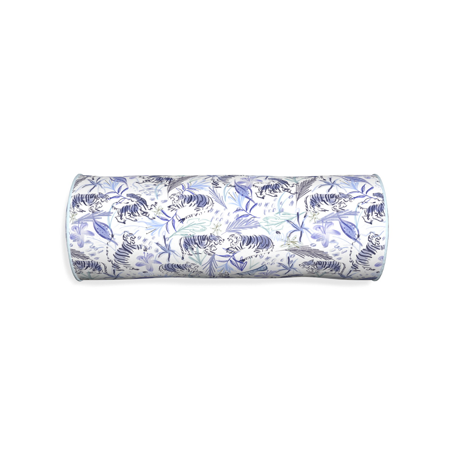 Bolster frida blue custom blue with intricate tiger designpillow with powder piping on white background