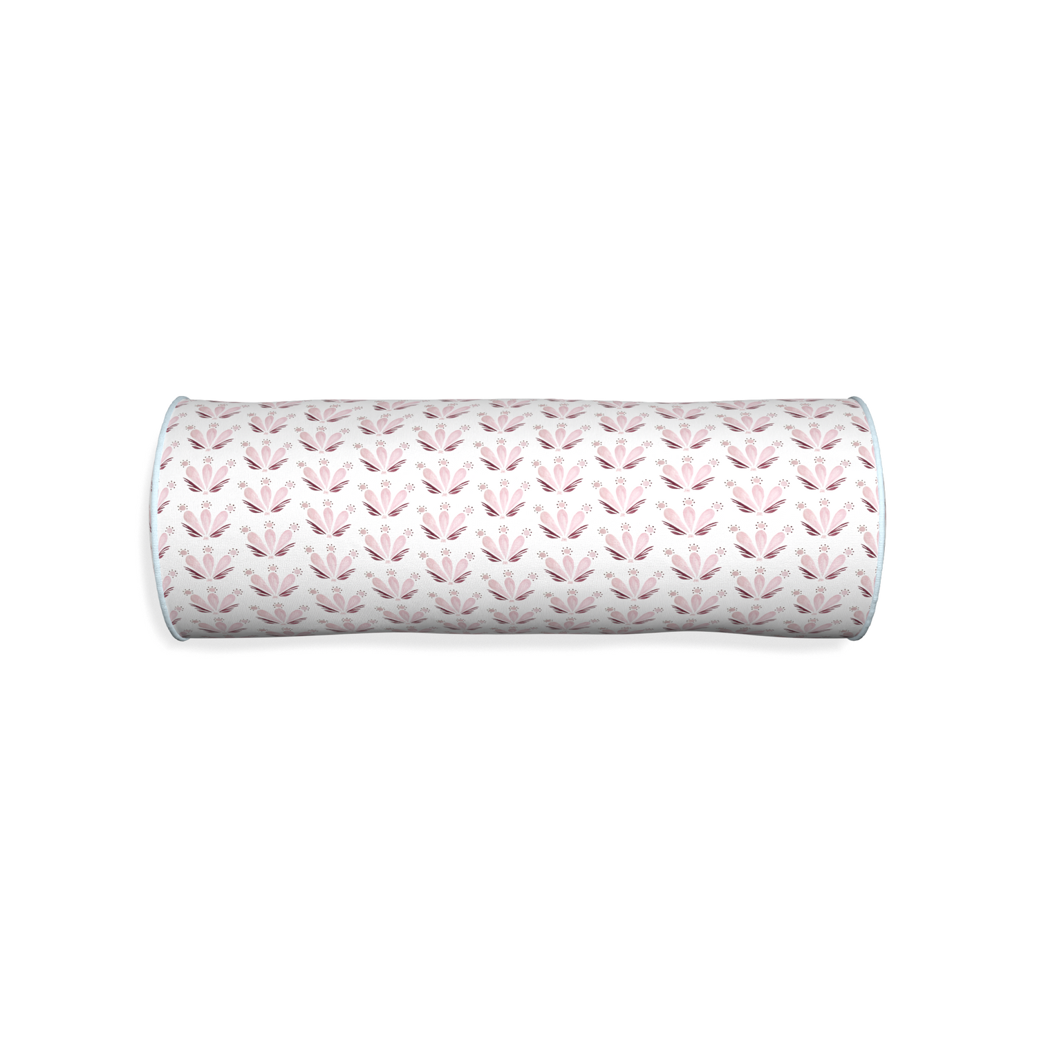 Bolster serena pink custom pink & burgundy drop repeat floralpillow with powder piping on white background