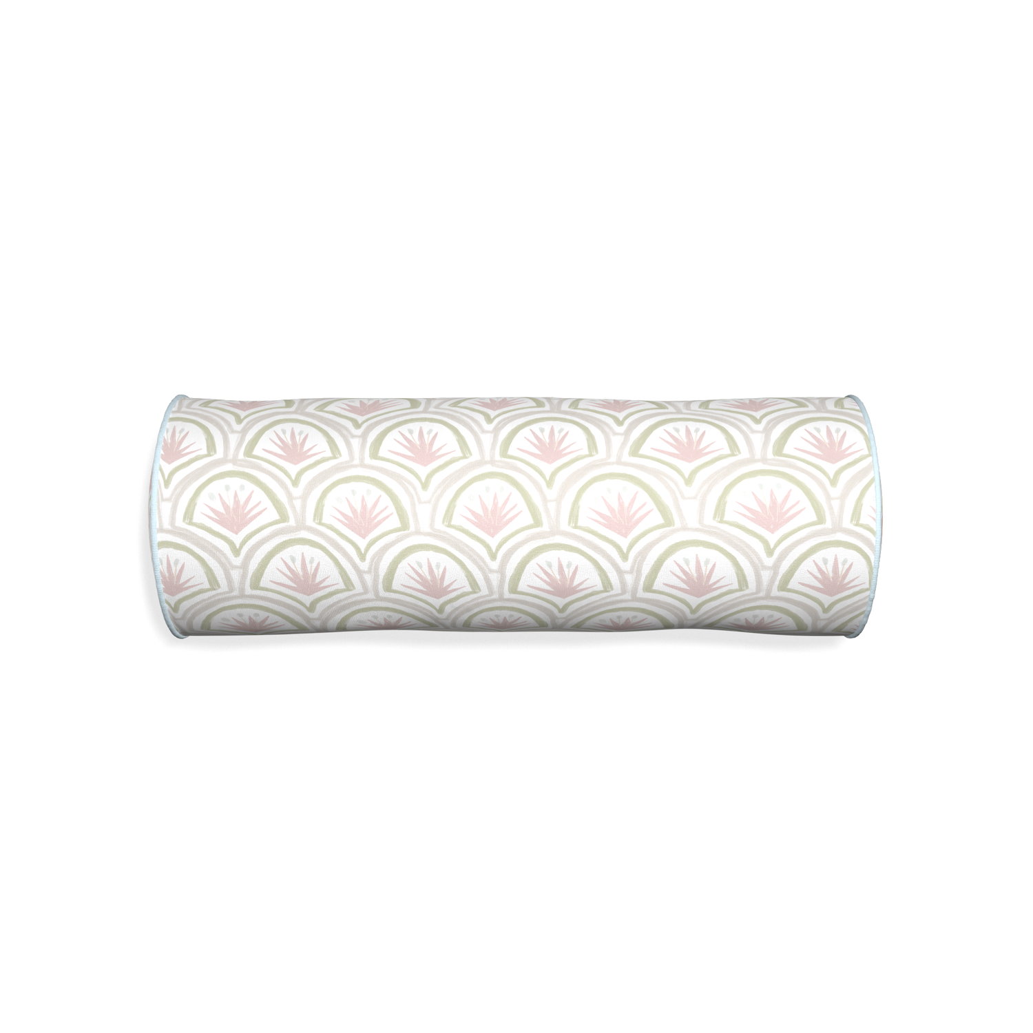 Bolster thatcher rose custom pink & green palmpillow with powder piping on white background