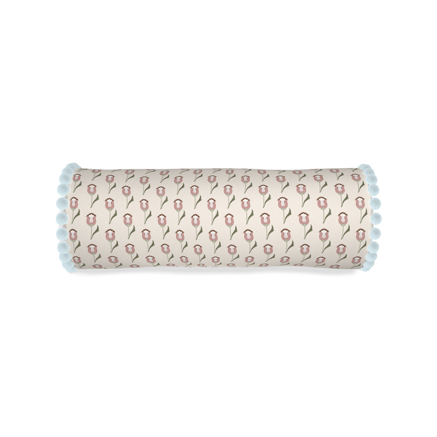 Bolster annabelle orchid custom pink tulippillow with powder pom pom on white background
