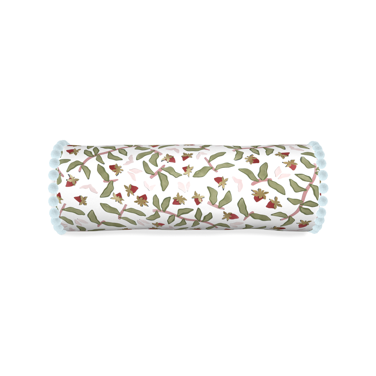Bolster nellie custom strawberry & botanicalpillow with powder pom pom on white background