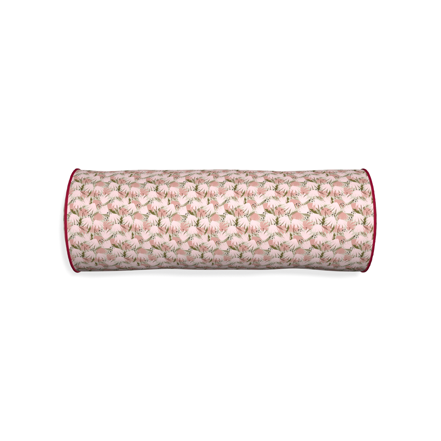 Bolster eden pink custom pink floralpillow with raspberry piping on white background