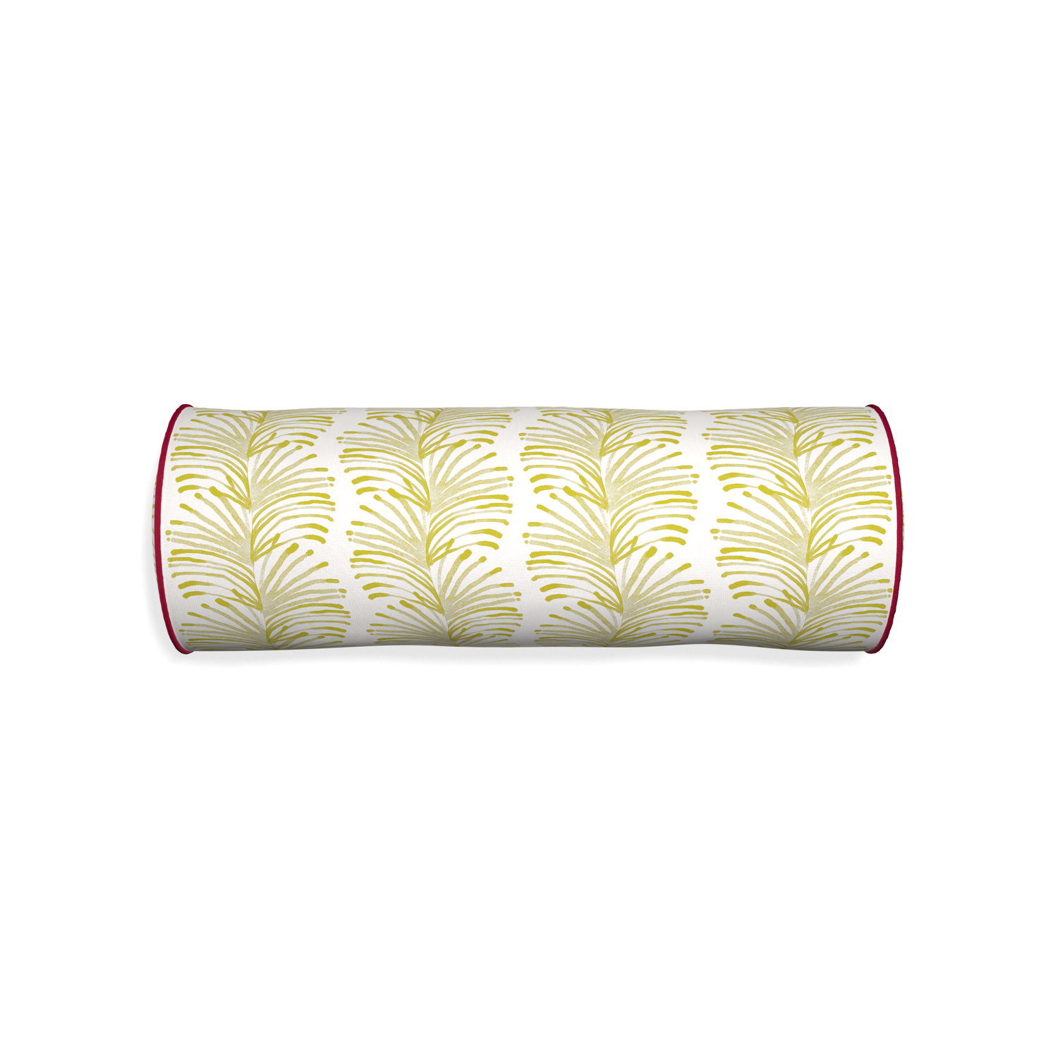 Bolster emma chartreuse custom yellow stripe chartreusepillow with raspberry piping on white background