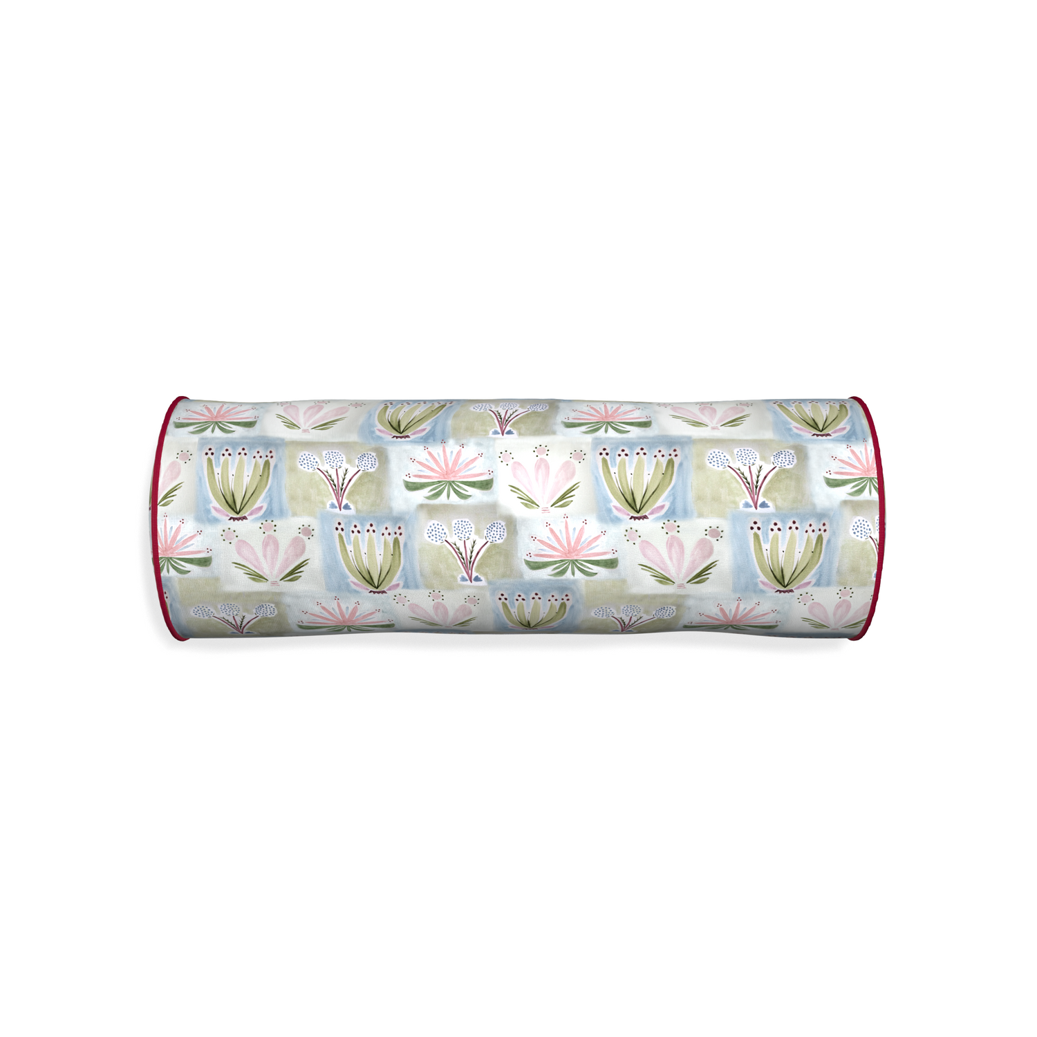 Bolster harper custom hand-painted floralpillow with raspberry piping on white background