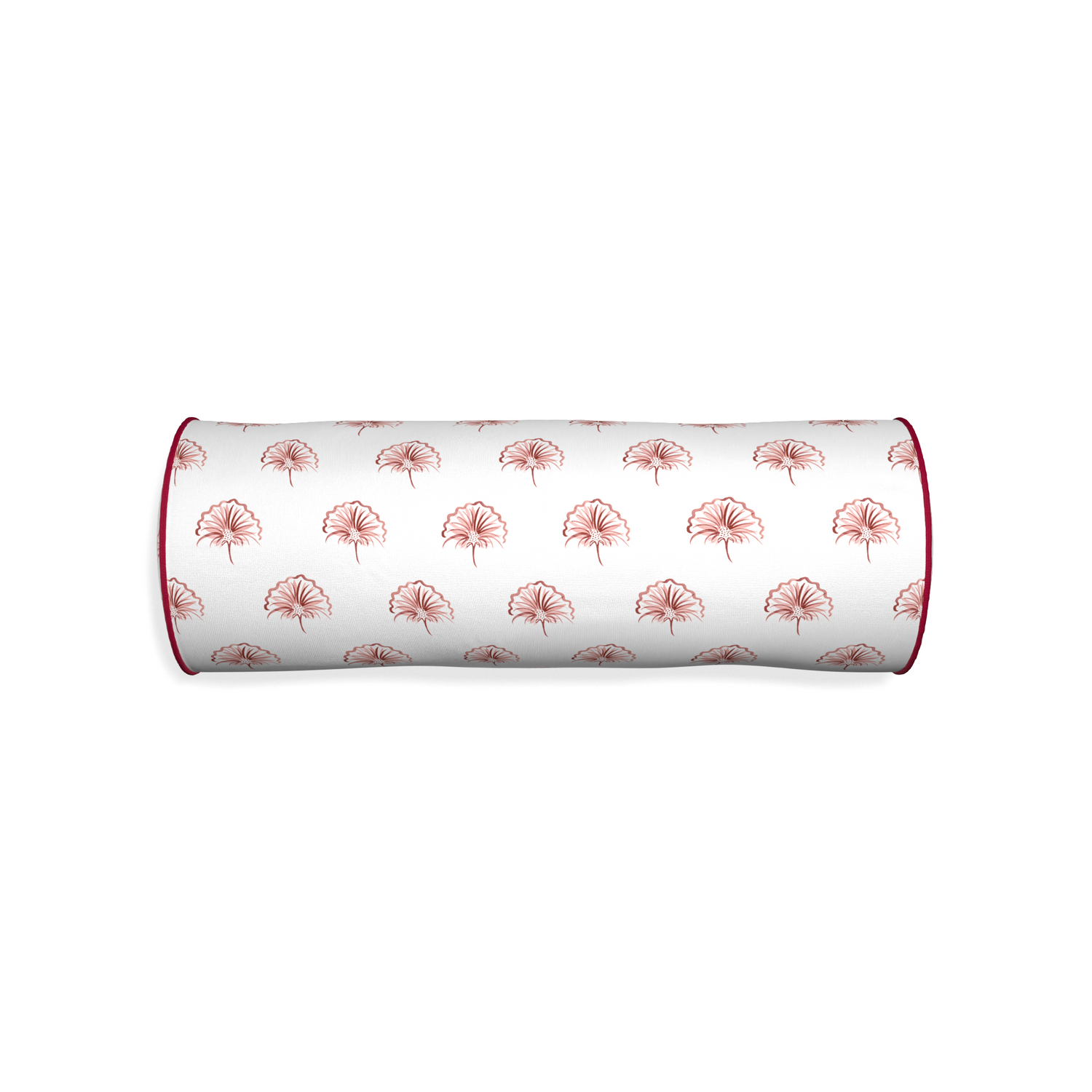 Bolster penelope rose custom floral pinkpillow with raspberry piping on white background