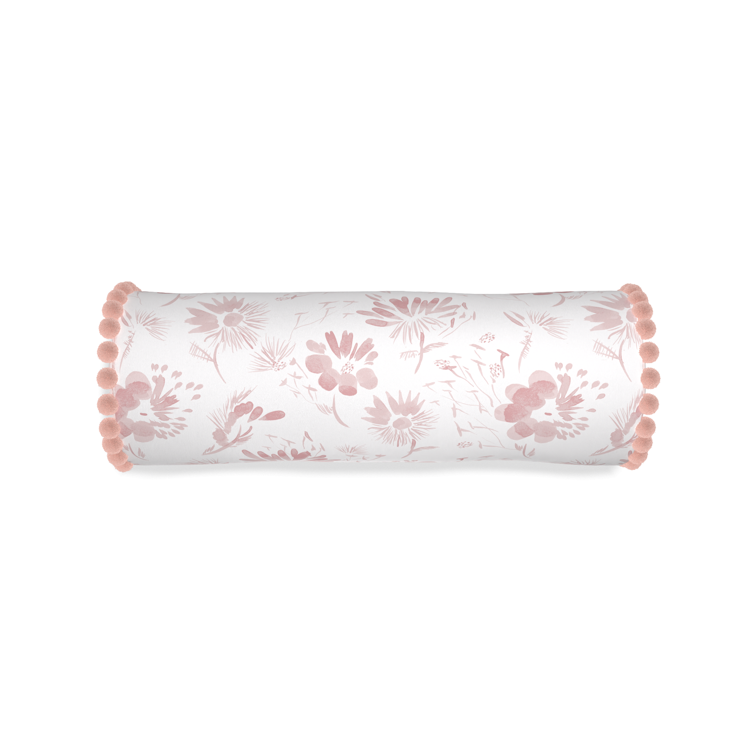 Bolster blake custom pink floralpillow with rose pom pom on white background