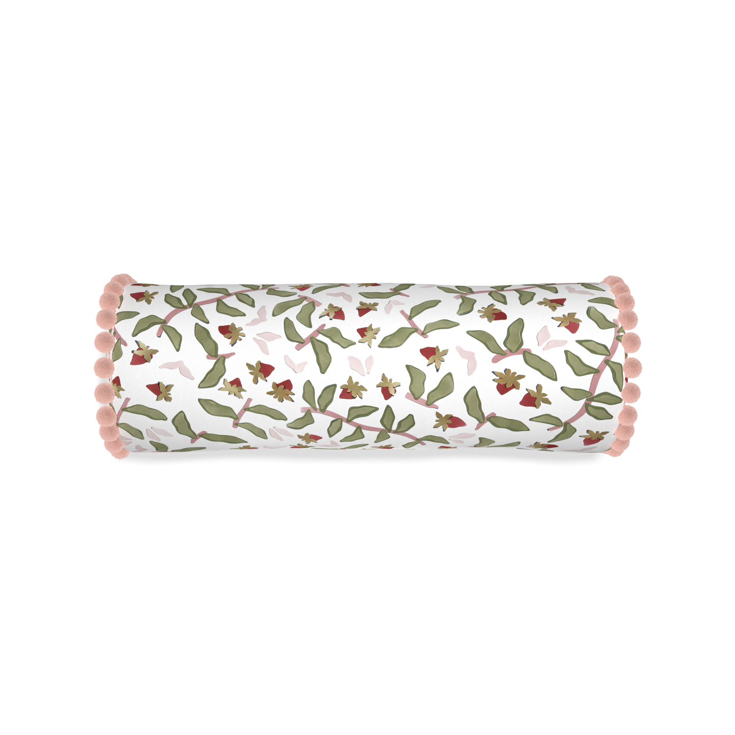 Bolster nellie custom strawberry & botanicalpillow with rose pom pom on white background