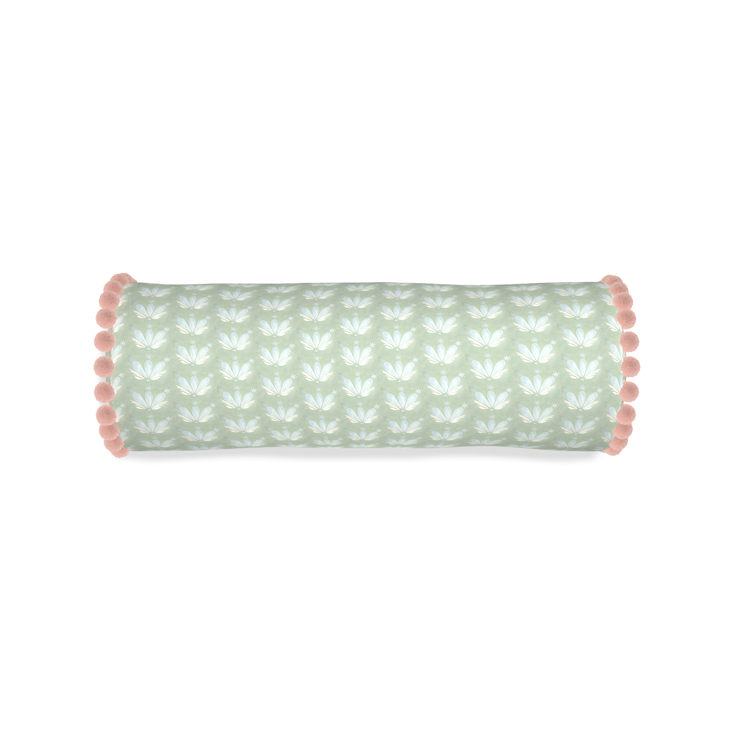 Bolster serena sea salt custom blue & green floral drop repeatpillow with rose pom pom on white background