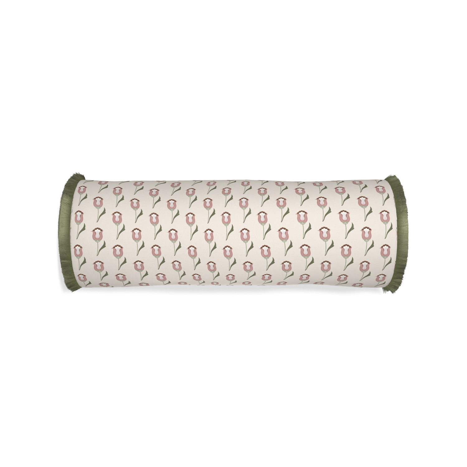 Bolster annabelle orchid custom pink tulippillow with sage fringe on white background