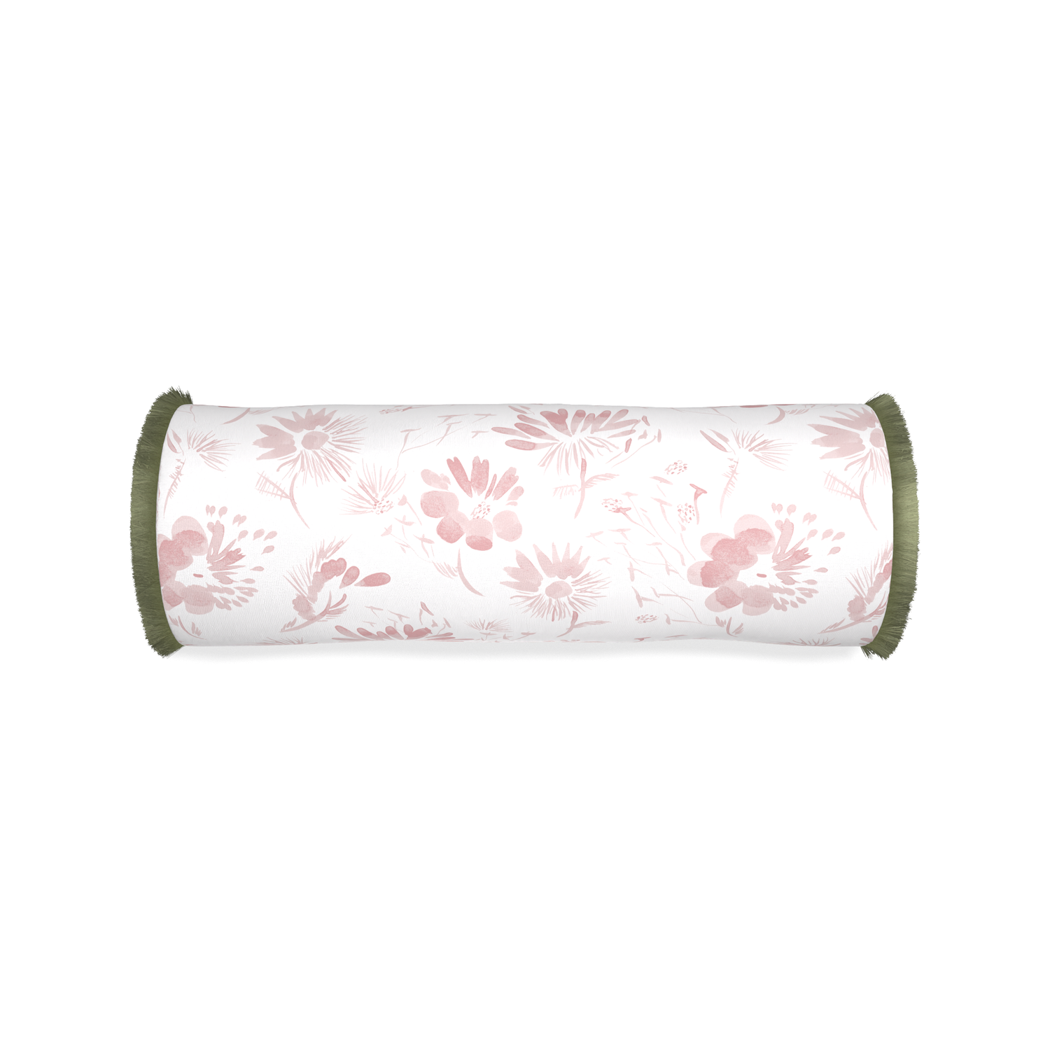 Bolster blake custom pink floralpillow with sage fringe on white background