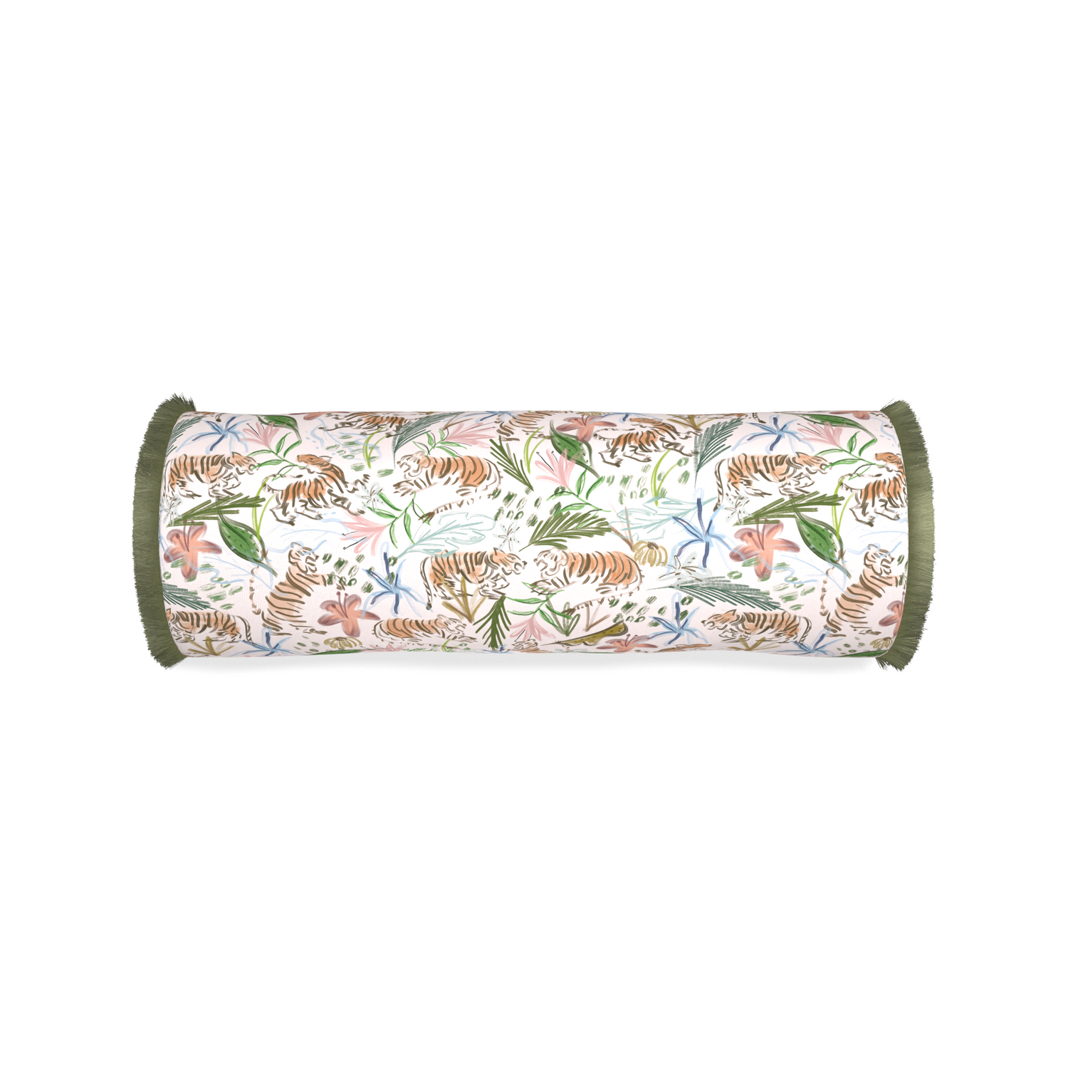 Bolster frida pink custom pink chinoiserie tigerpillow with sage fringe on white background
