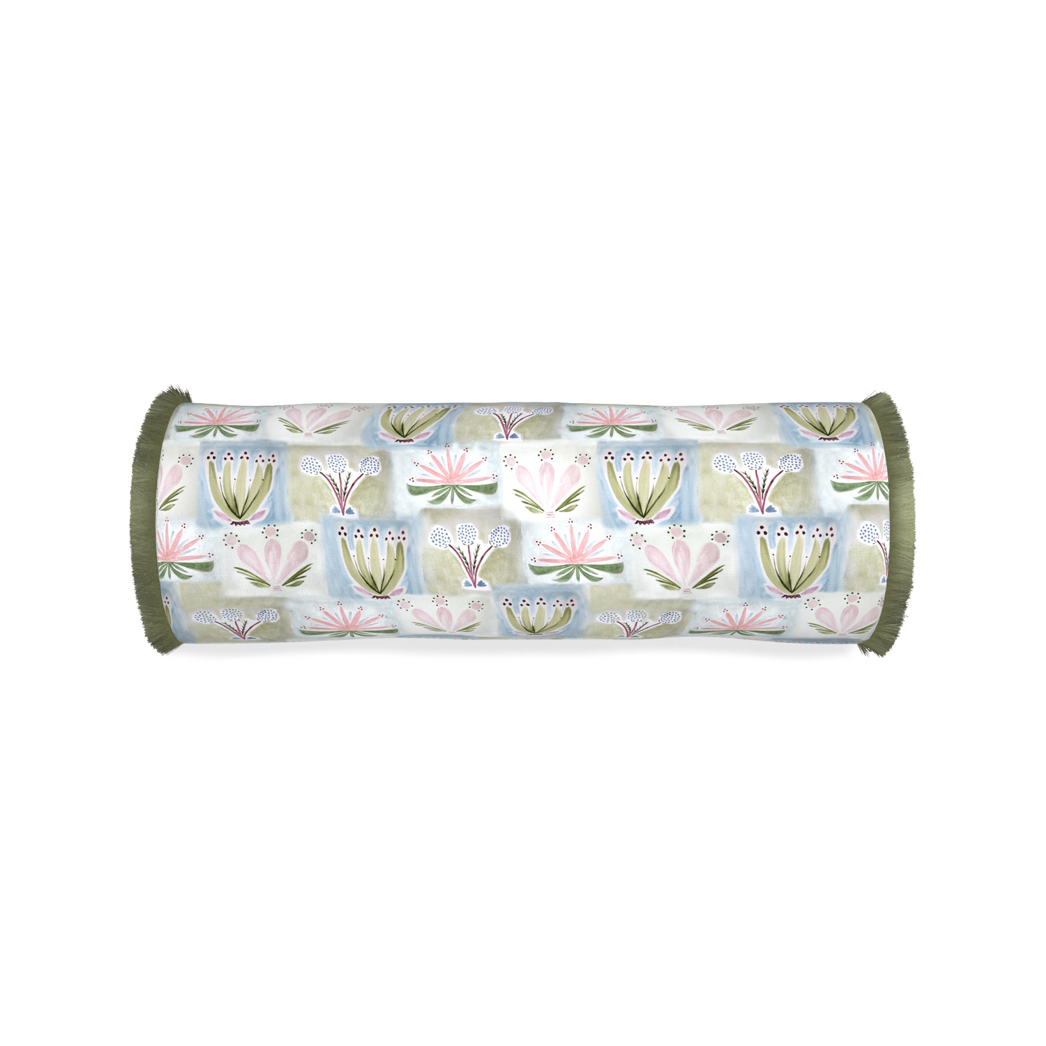 Bolster harper custom hand-painted floralpillow with sage fringe on white background