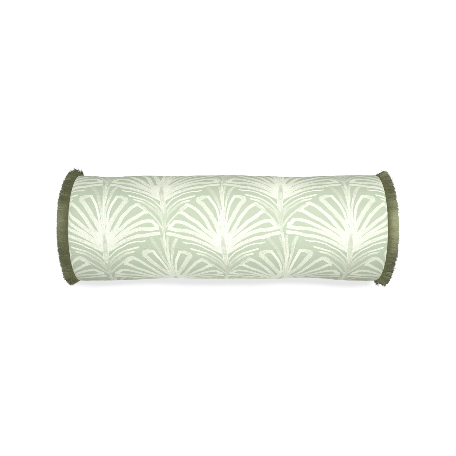 Bolster suzy sage custom sage green palmpillow with sage fringe on white background