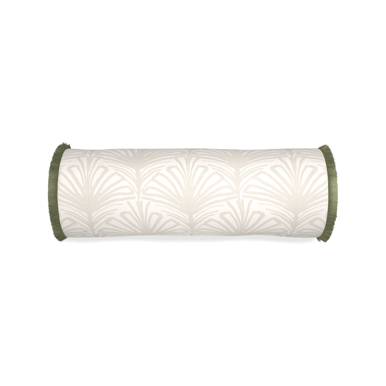 Bolster suzy sand custom beige palmpillow with sage fringe on white background