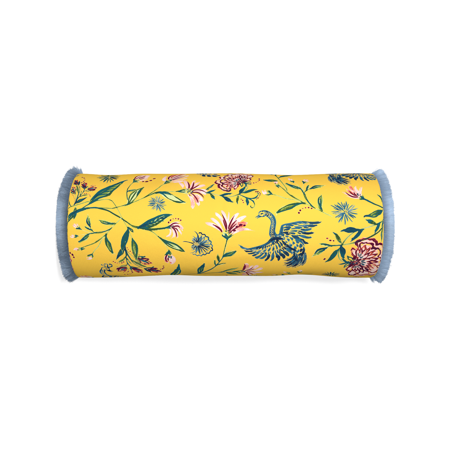 Bolster daphne canary custom yellow chinoiseriepillow with sky fringe on white background