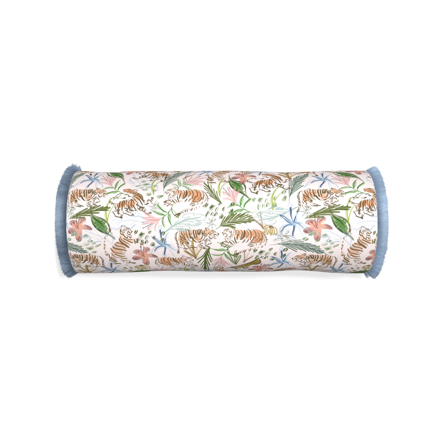 Bolster frida pink custom pink chinoiserie tigerpillow with sky fringe on white background