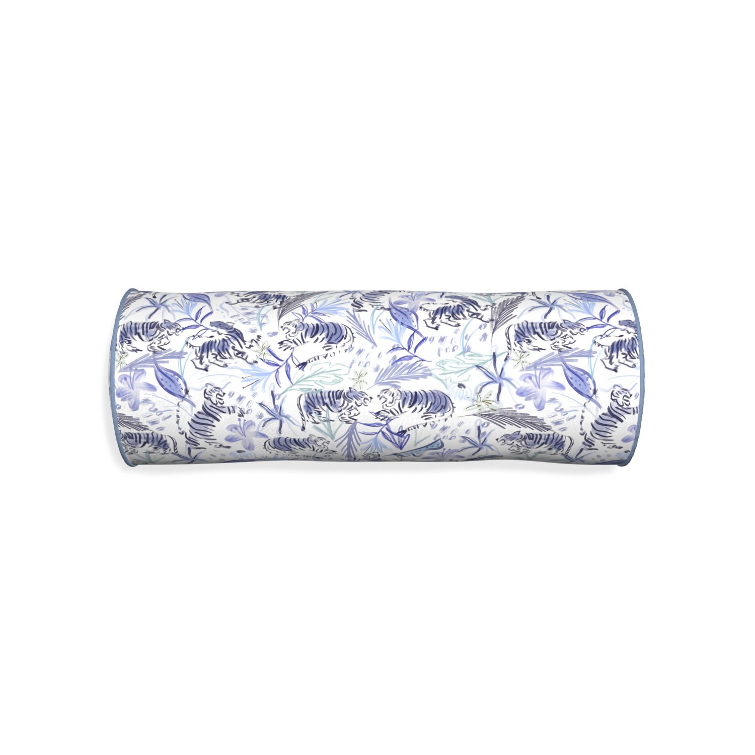 Bolster frida blue custom blue with intricate tiger designpillow with sky piping on white background