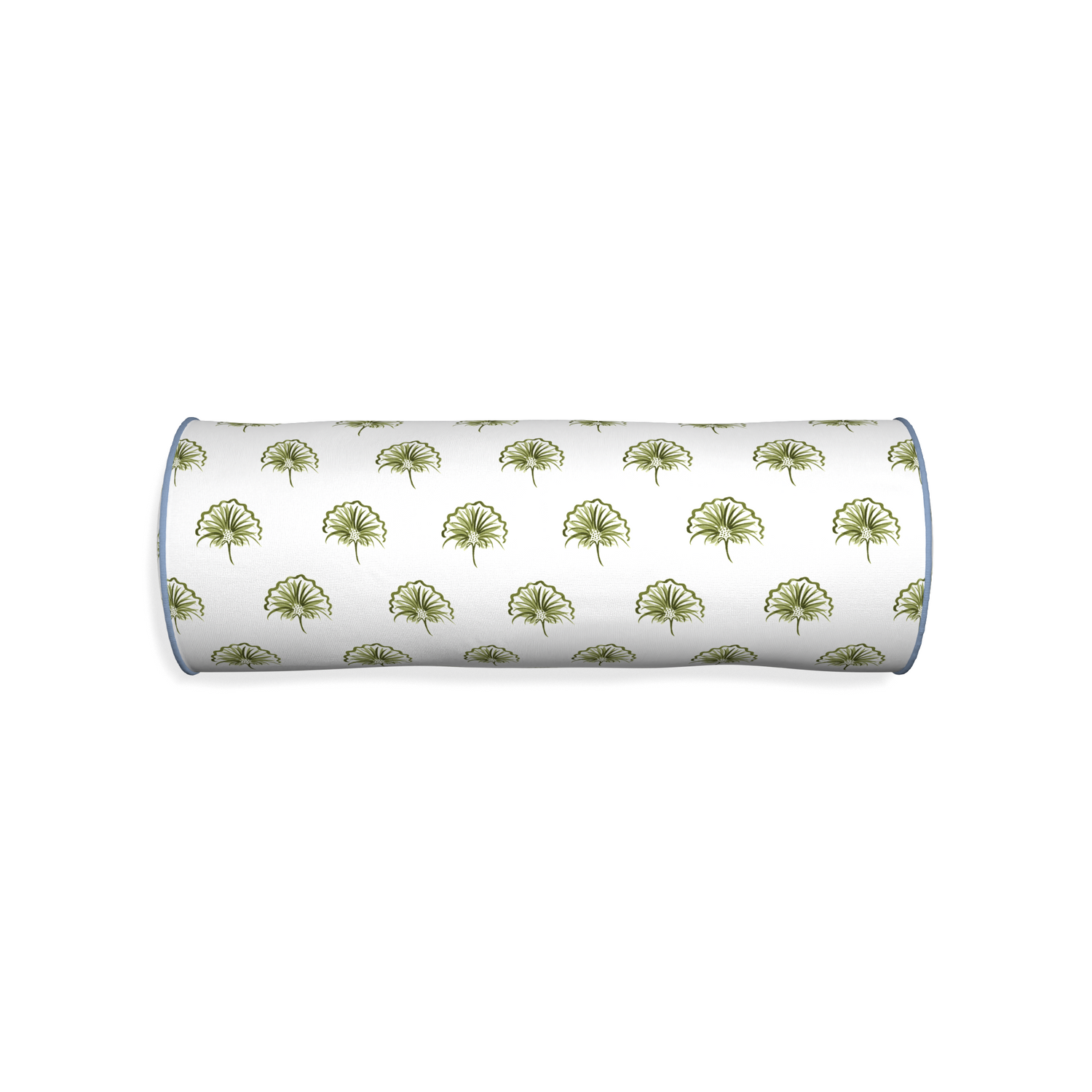 Bolster penelope moss custom green floralpillow with sky piping on white background