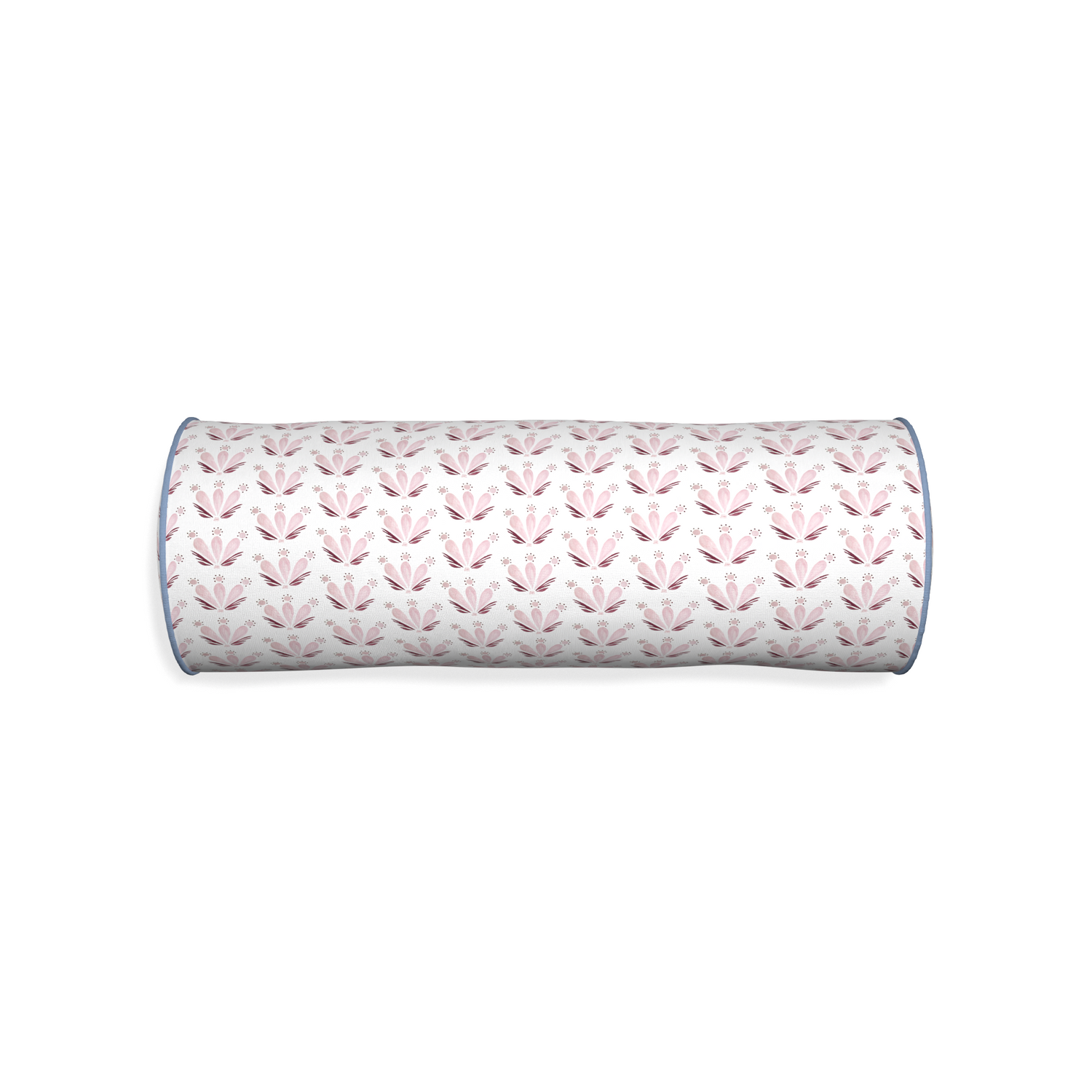 Bolster serena pink custom pink & burgundy drop repeat floralpillow with sky piping on white background