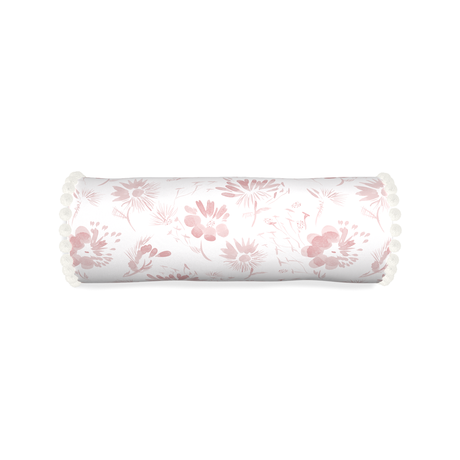 Bolster blake custom pink floralpillow with snow pom pom on white background