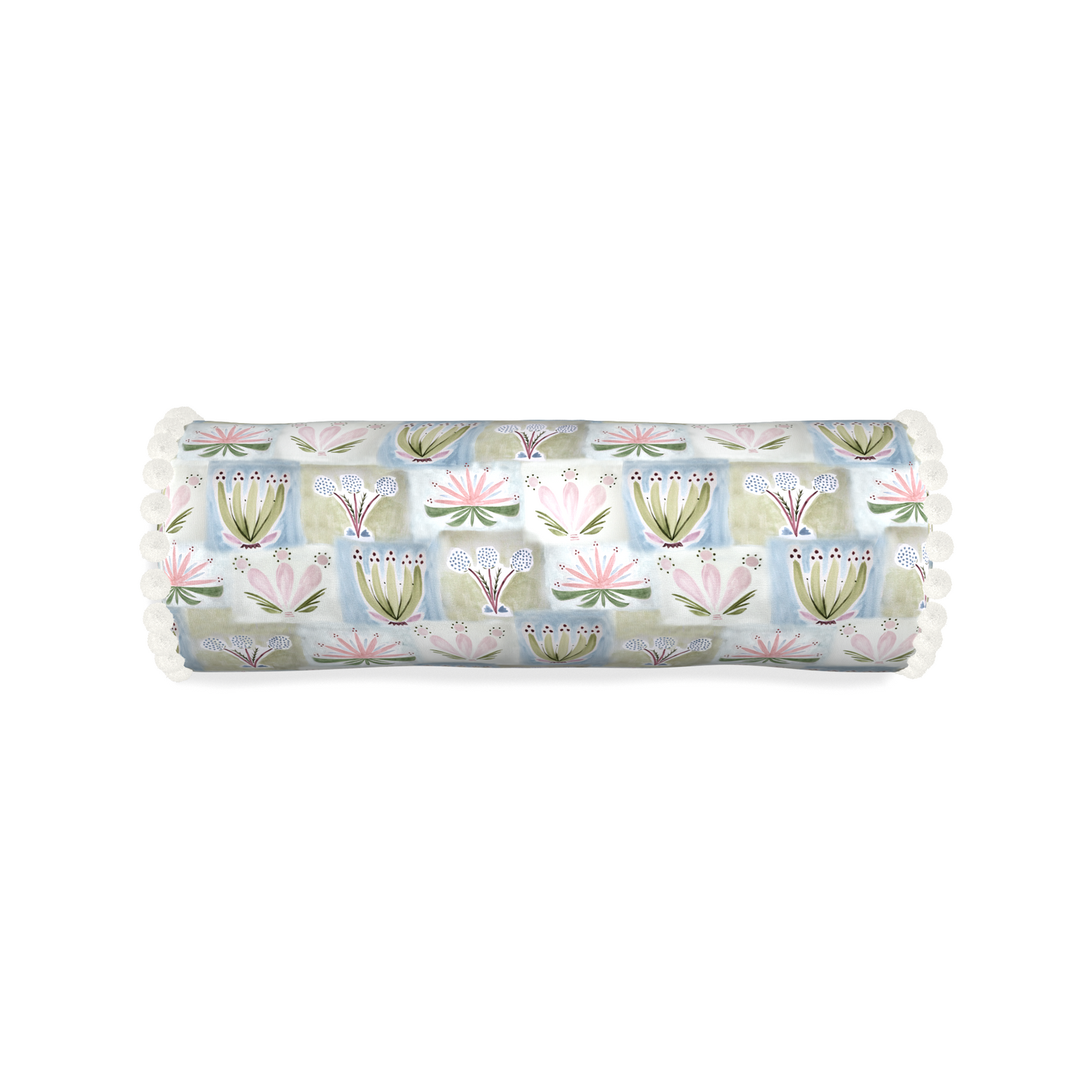 Bolster harper custom hand-painted floralpillow with snow pom pom on white background