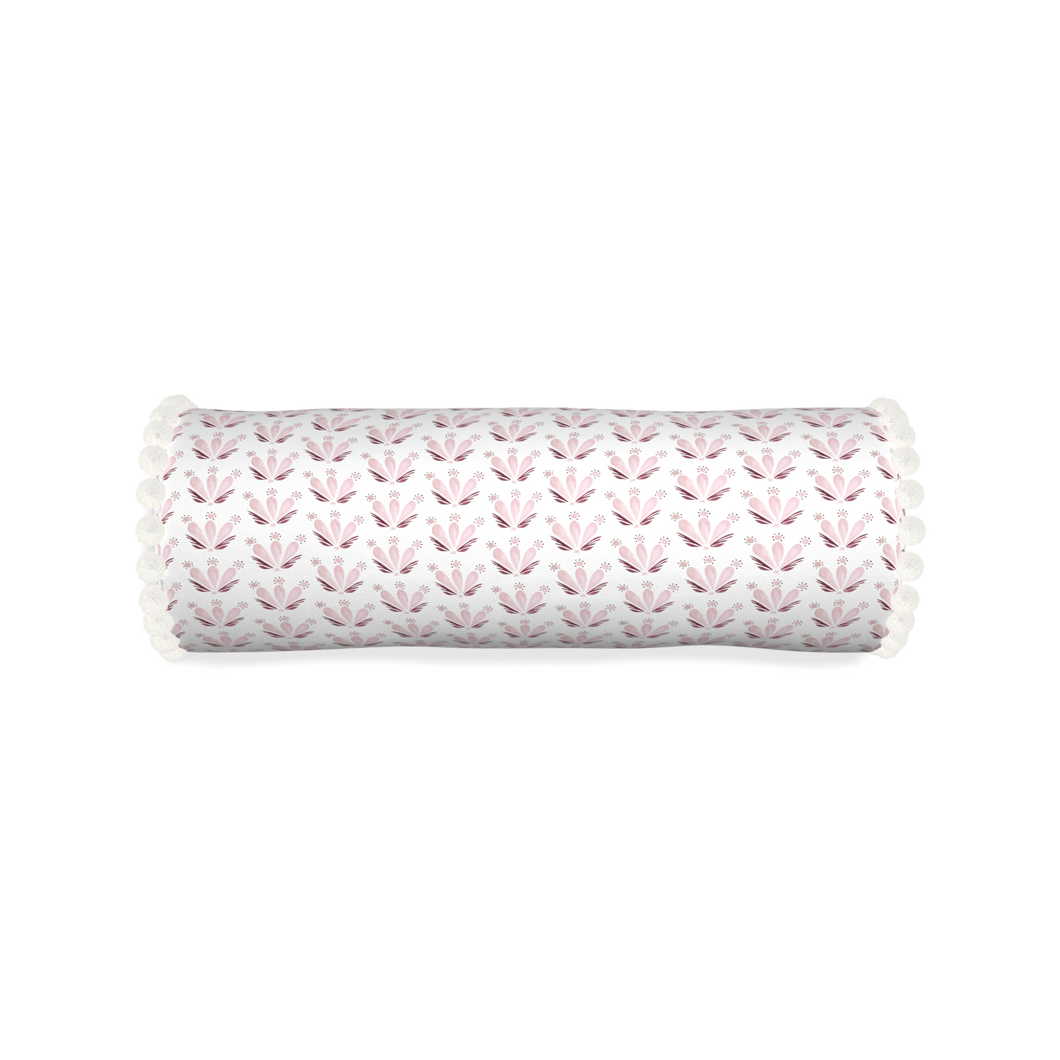 Bolster serena pink custom pink & burgundy drop repeat floralpillow with snow pom pom on white background