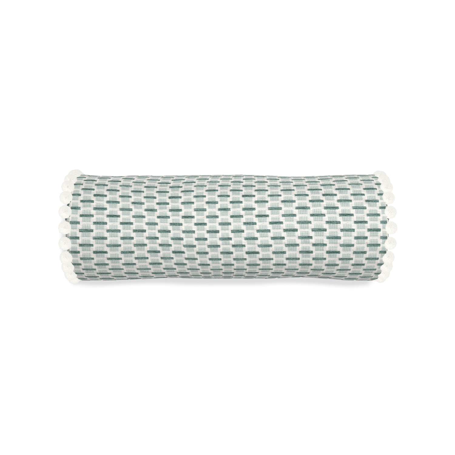 Bolster willow mint custom green geometric chenillepillow with snow pom pom on white background