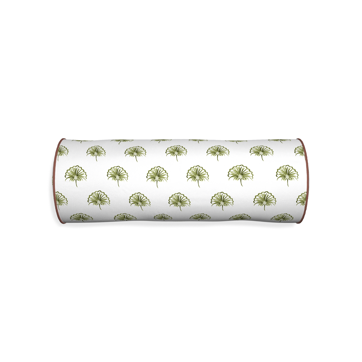 Bolster penelope moss custom green floralpillow with w piping on white background