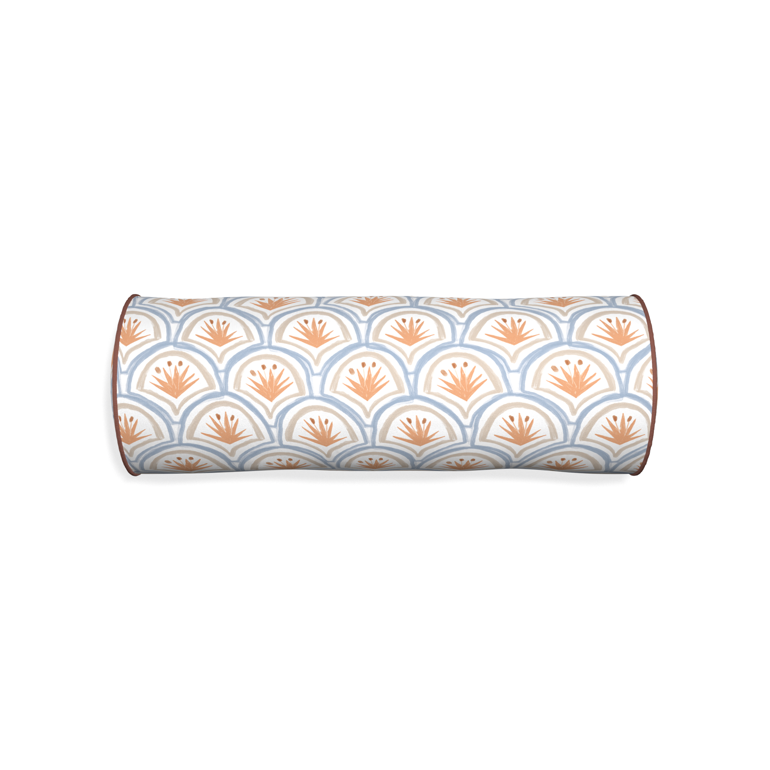 Bolster thatcher apricot custom art deco palm patternpillow with w piping on white background
