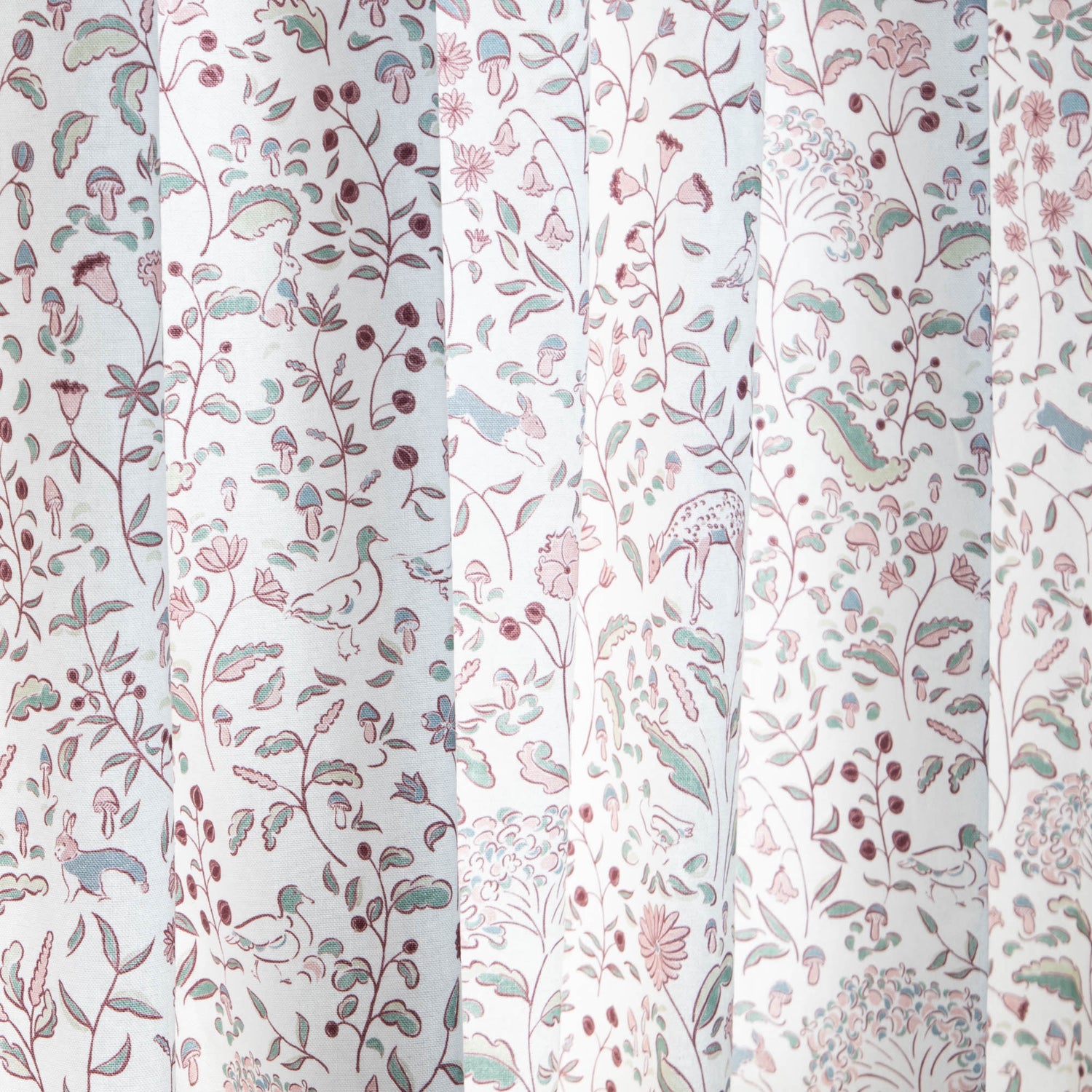 Ruby Burgundy sheer curtains featuring a custom hand-painted woodland and floral design by Claire de Quenetain.