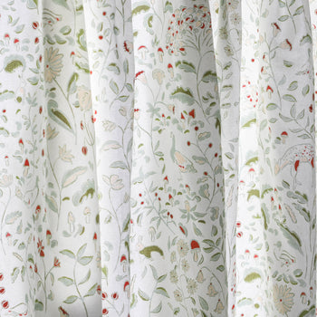 Ruby Moss sheer curtains with whimsical woodland and floral hand-painted design by Pepper Home.
