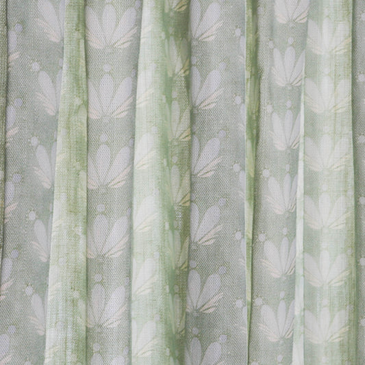 Serena Sea Salt sheer curtains by Pepper Home featuring custom hand-painted floral and seashell coastal design in soft blue and sage.