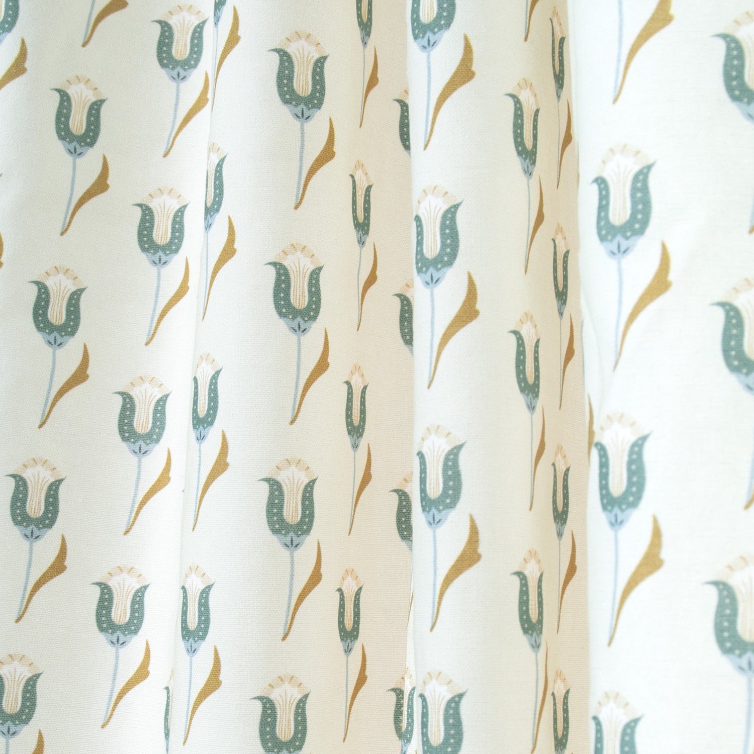 close up of abstract floral blue curtains