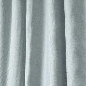 close up of grey blue shower curtain