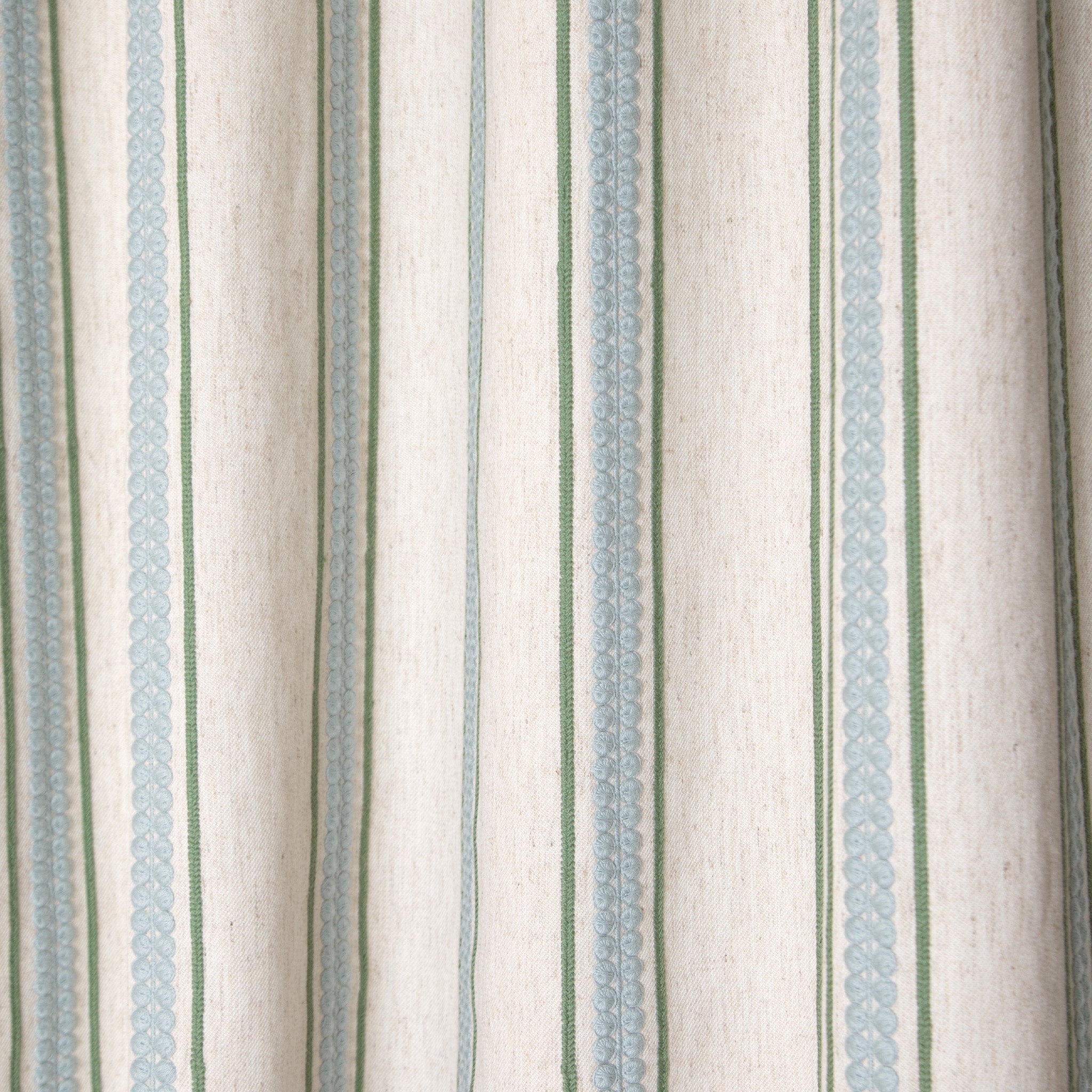 Margot Fern Unlined curtain with soft blue and green stripes, perfect custom curtains for a fresh, natural home style.