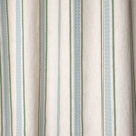 Margot Fern Unlined curtain with soft blue and green stripes, perfect custom curtains for a fresh, natural home style.