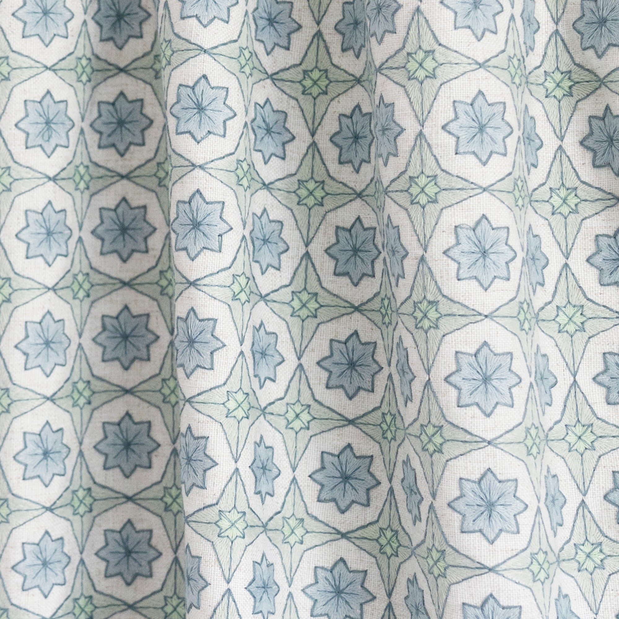 Hayes Sea Salt Unlined fabric with a subtle geometric pattern, perfect for custom made-to-order sheer curtains.