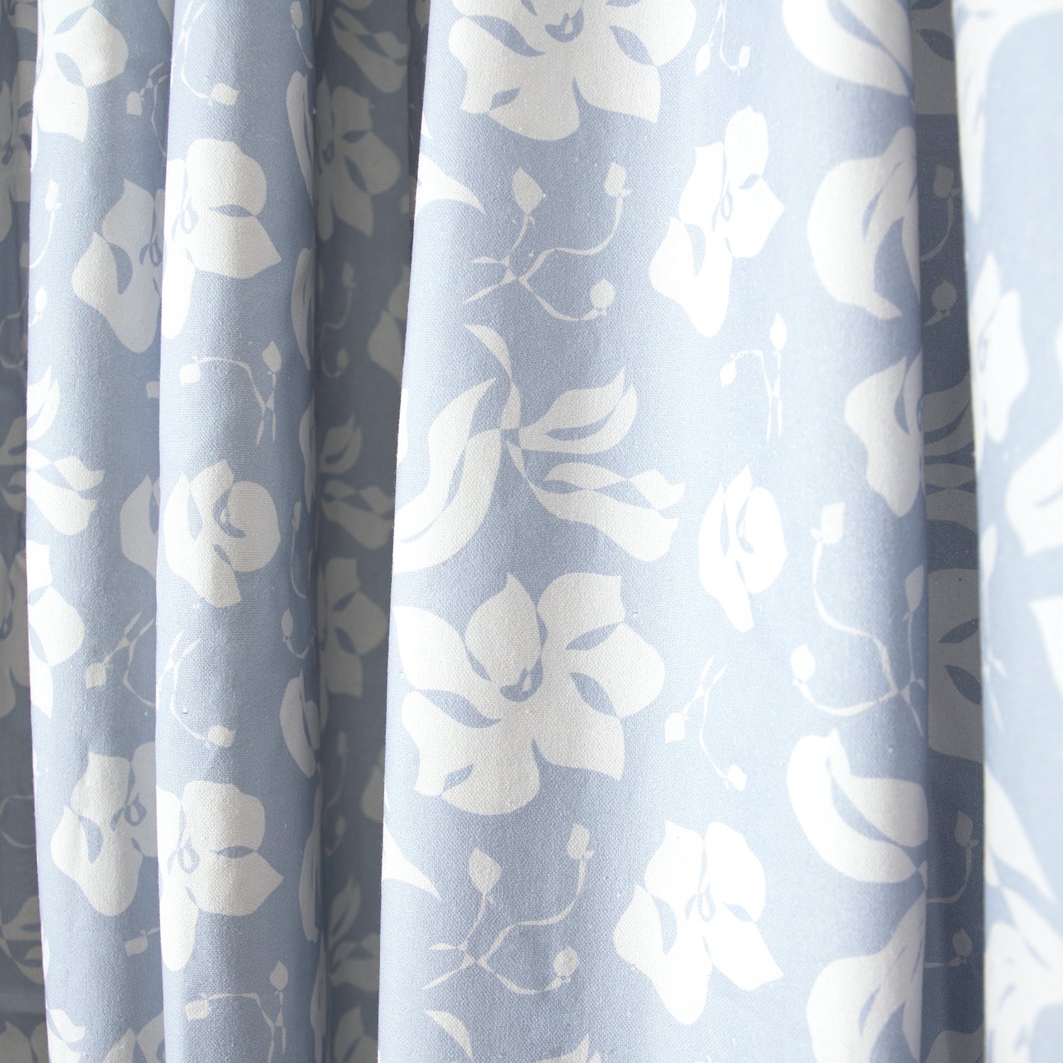 close up of blue floral curtain