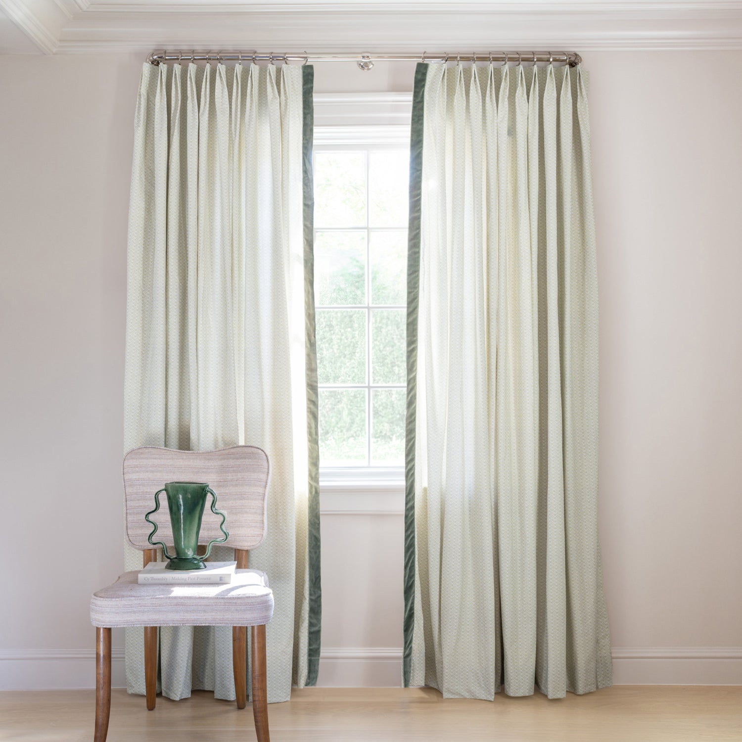 Loomi Moss Tailored Pleat custom curtains from Pepper Home with elegant pleats and subtle textured pattern.